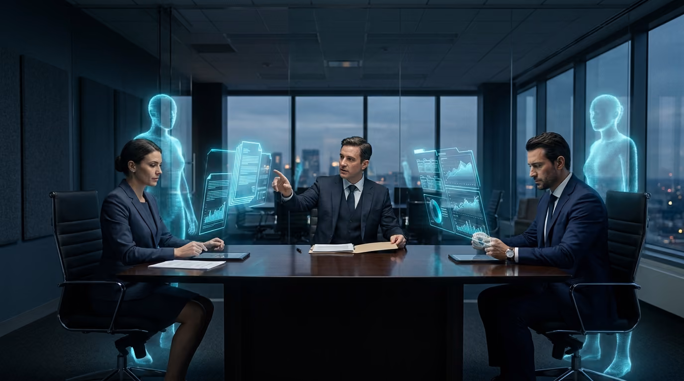 An accountant, a lawyer and a wealth adviser review holographic documents, each paired with an Agentic Citizen counterpart.