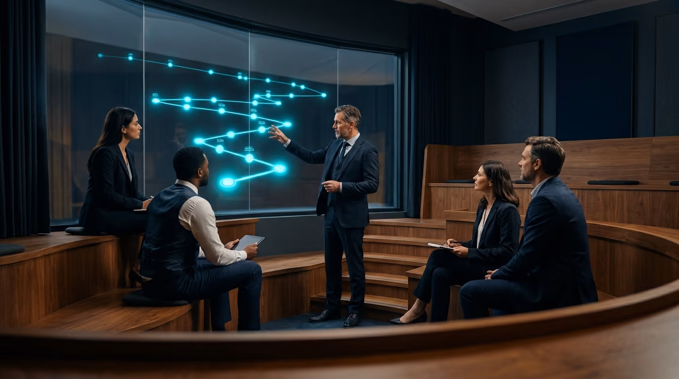 A small cohort in a tiered learning studio watches an instructor walk through a glowing holographic learning pathway.