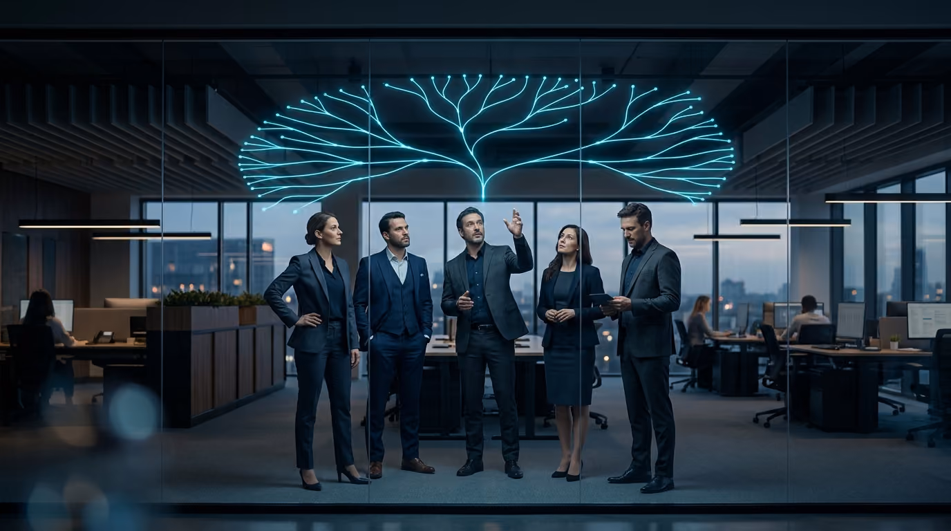 A leadership team stands beneath a holographic organisation map branching outward as new teams switch on.