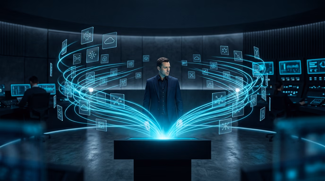 A technologist stands at the centre of a dark operations room where floating app tiles stream into one glowing core.