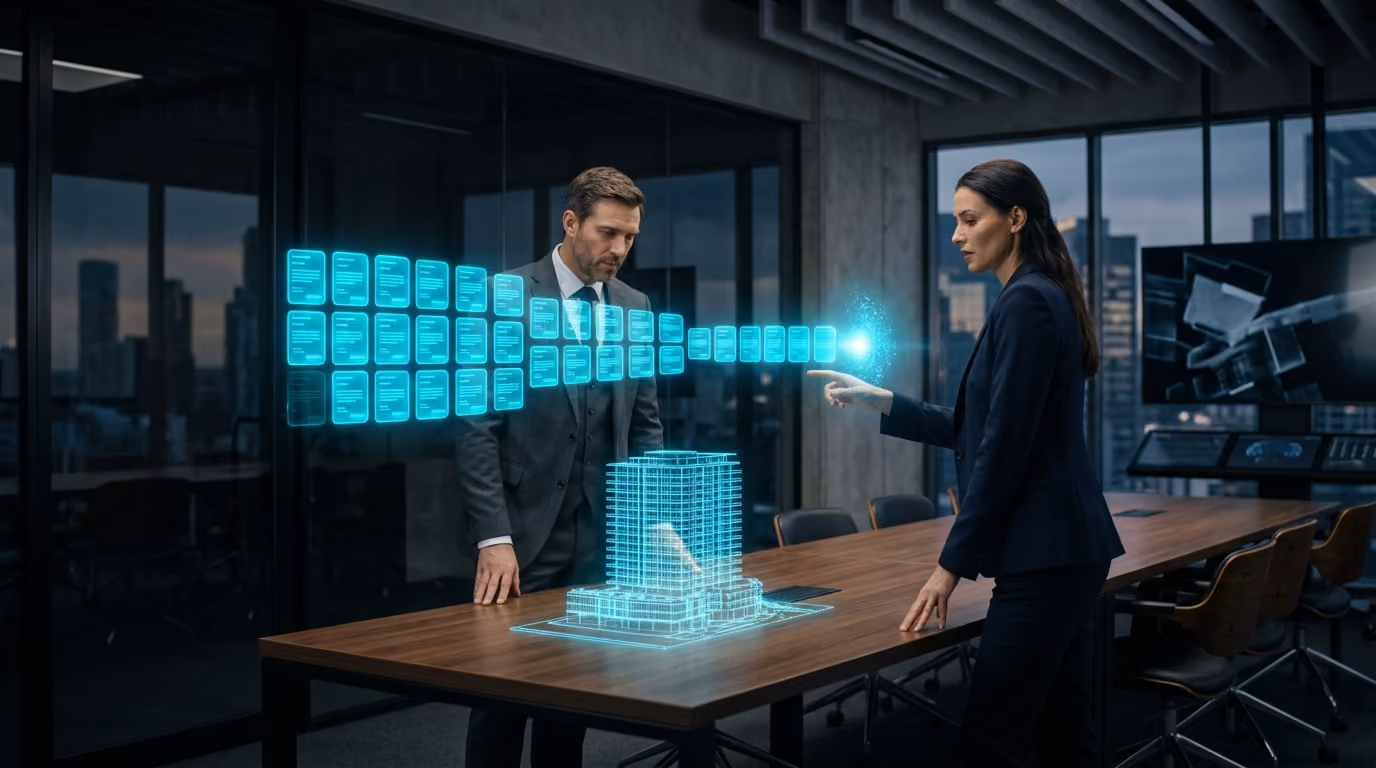 A real estate principal and a sales director track a holographic deal pipeline beside a wireframe model of a coastal tower.