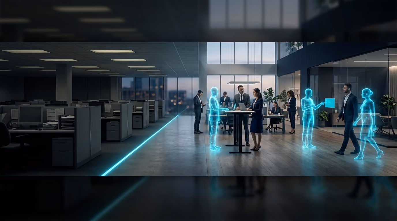An office floor shifts from dim grey cubicles on one side to a bright space where people work alongside Agentic Citizens.