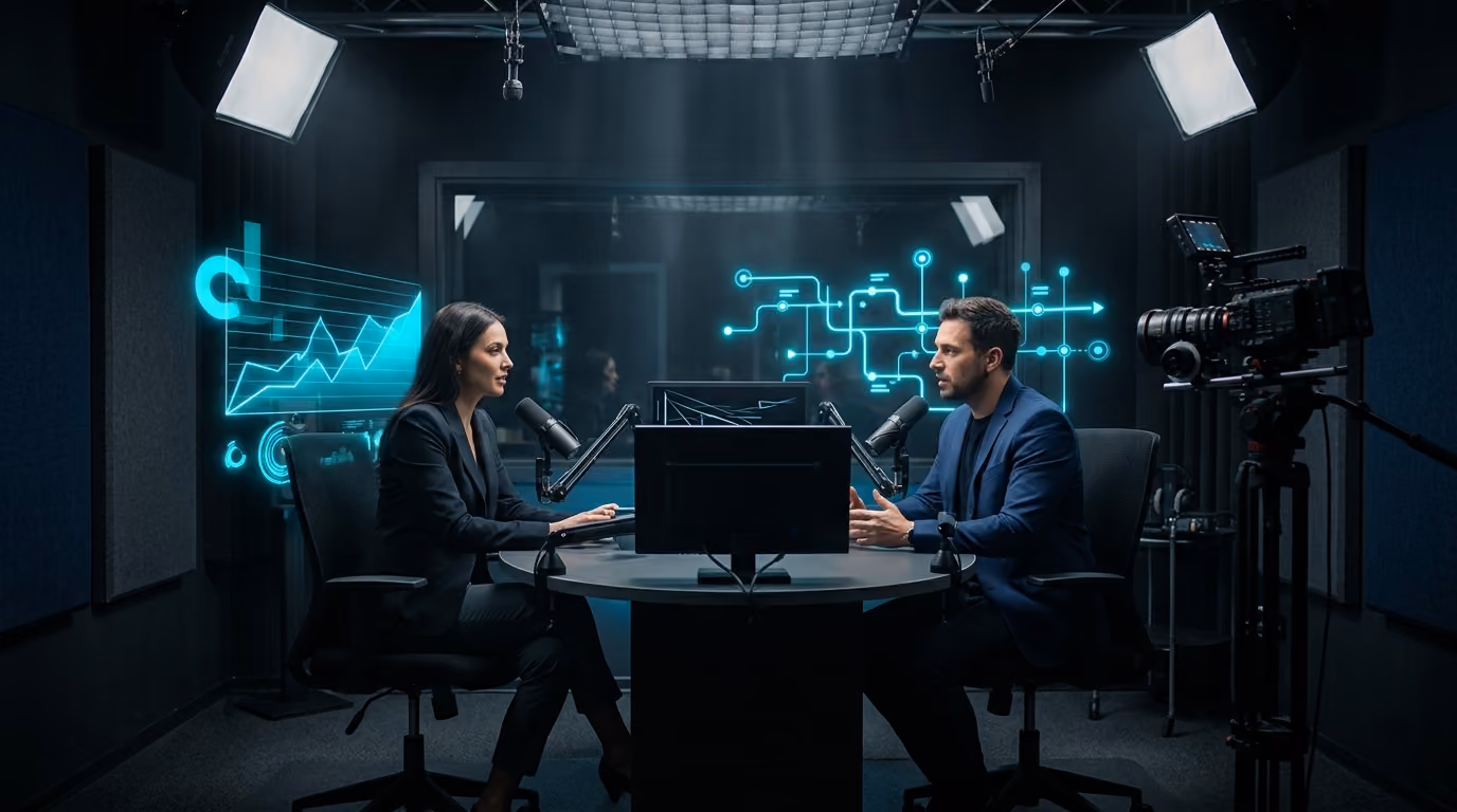 A creator and a producer in a dark podcast and video studio, surrounded by holographic audience charts and content plans.