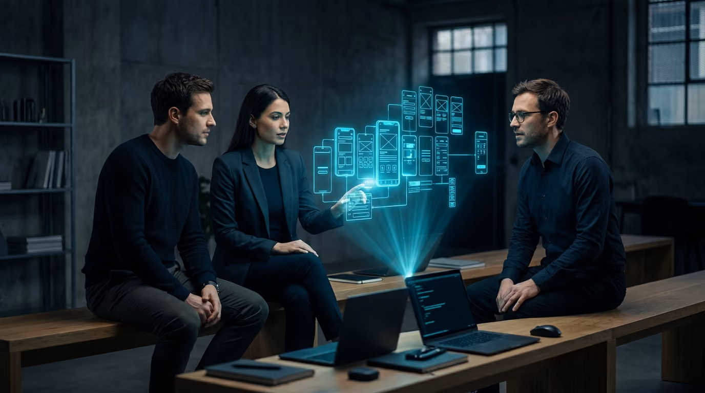 Two engineers and a product lead watch a holographic app prototype assemble itself in mid air.