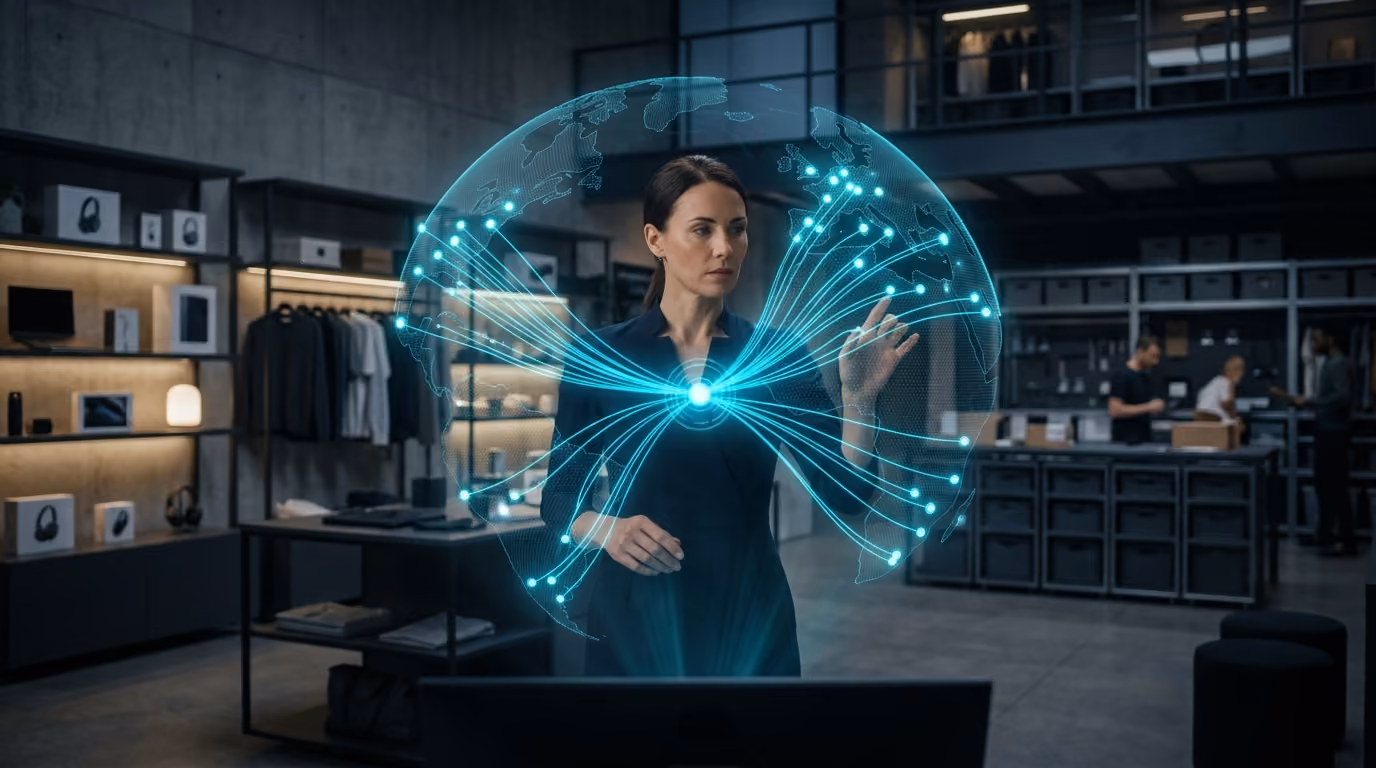A retail founder in a showroom and fulfilment space reviews a holographic globe of orders flowing from one hub.