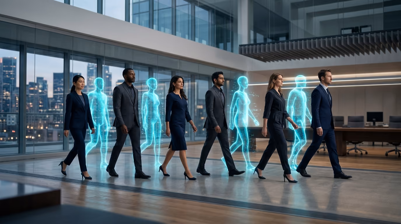 A leadership team walks through a modern headquarters alongside Agentic Citizens made of light, one hybrid team moving together.