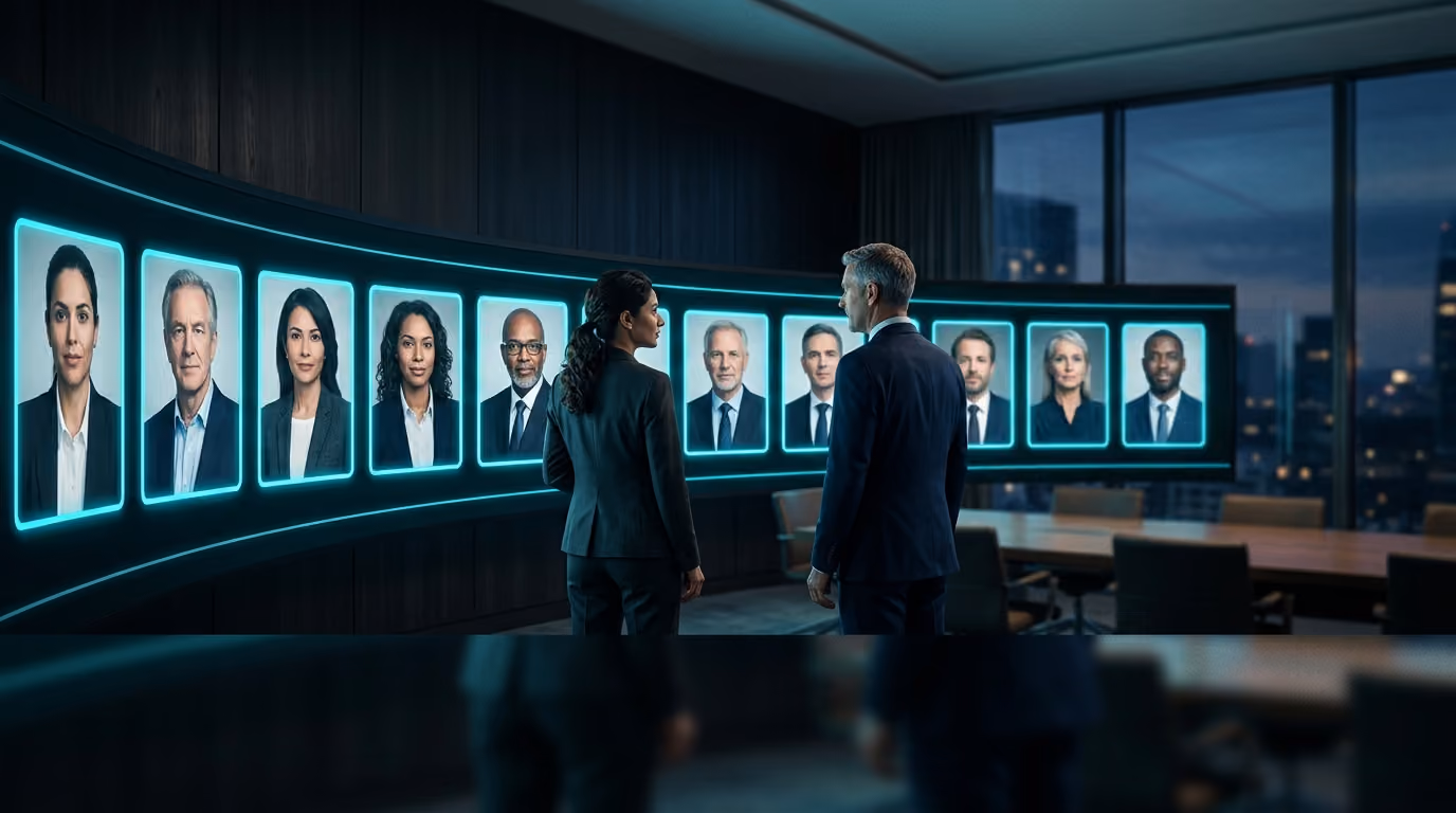 Two executives in a dark boardroom review a curved wall of portrait tiles representing the A-Suite Agentic Citizen executives.