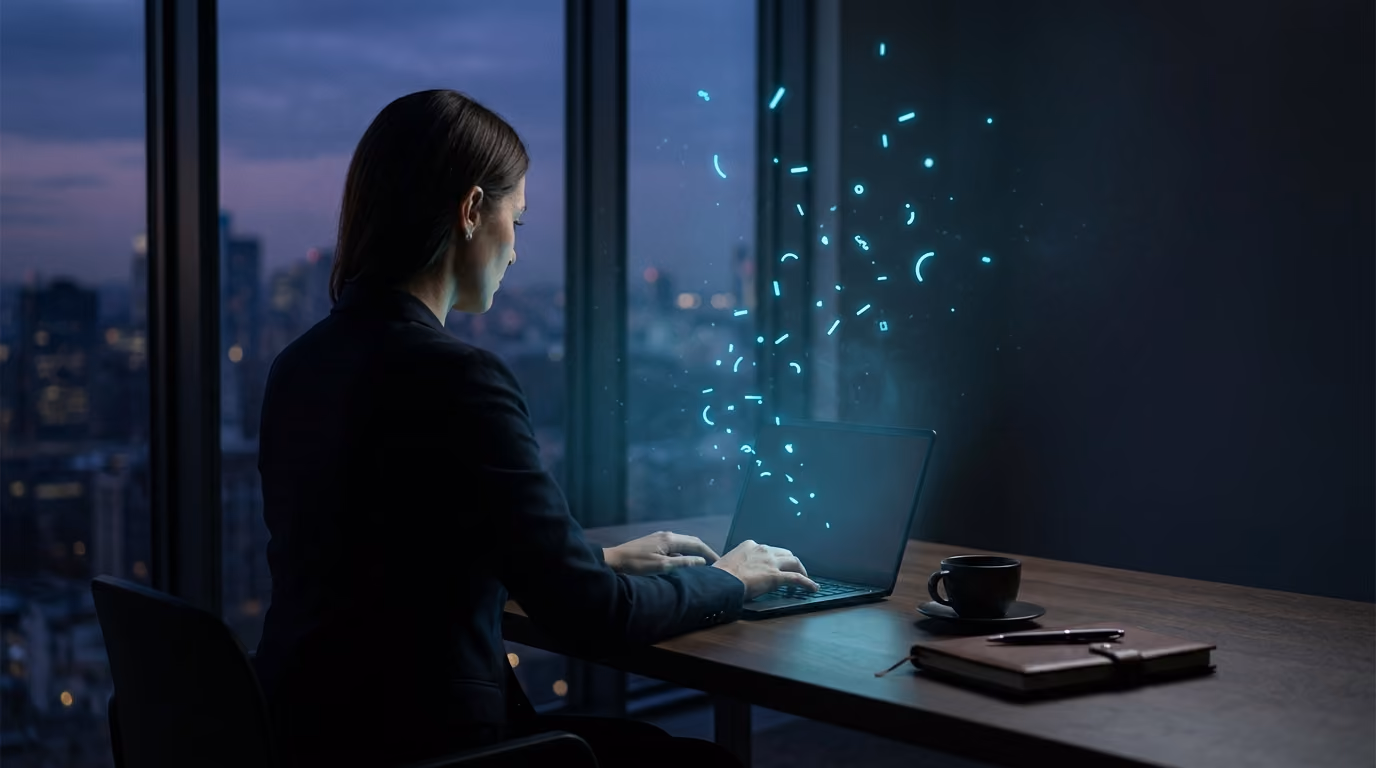 A writer at a laptop by a tall window at dusk, glowing fragments of light drifting up from the screen