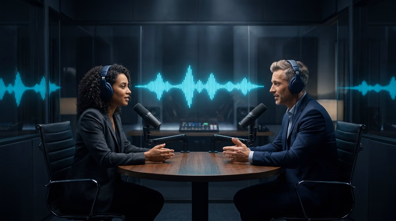 Two hosts mid conversation in a dark podcast studio with a cyan holographic waveform between them