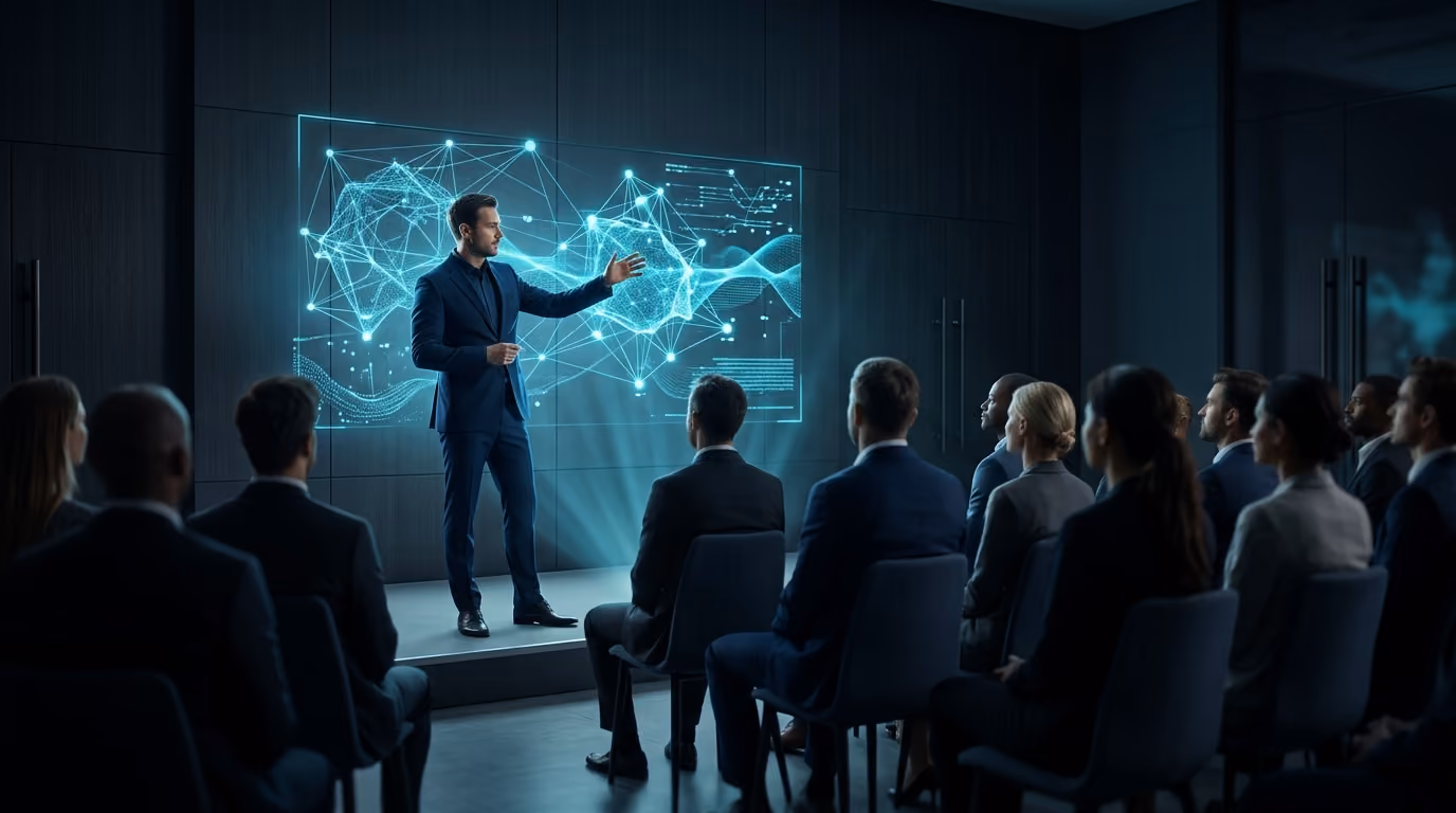 A speaker addressing an intimate audience of founders in a dark venue with a glowing network display behind
