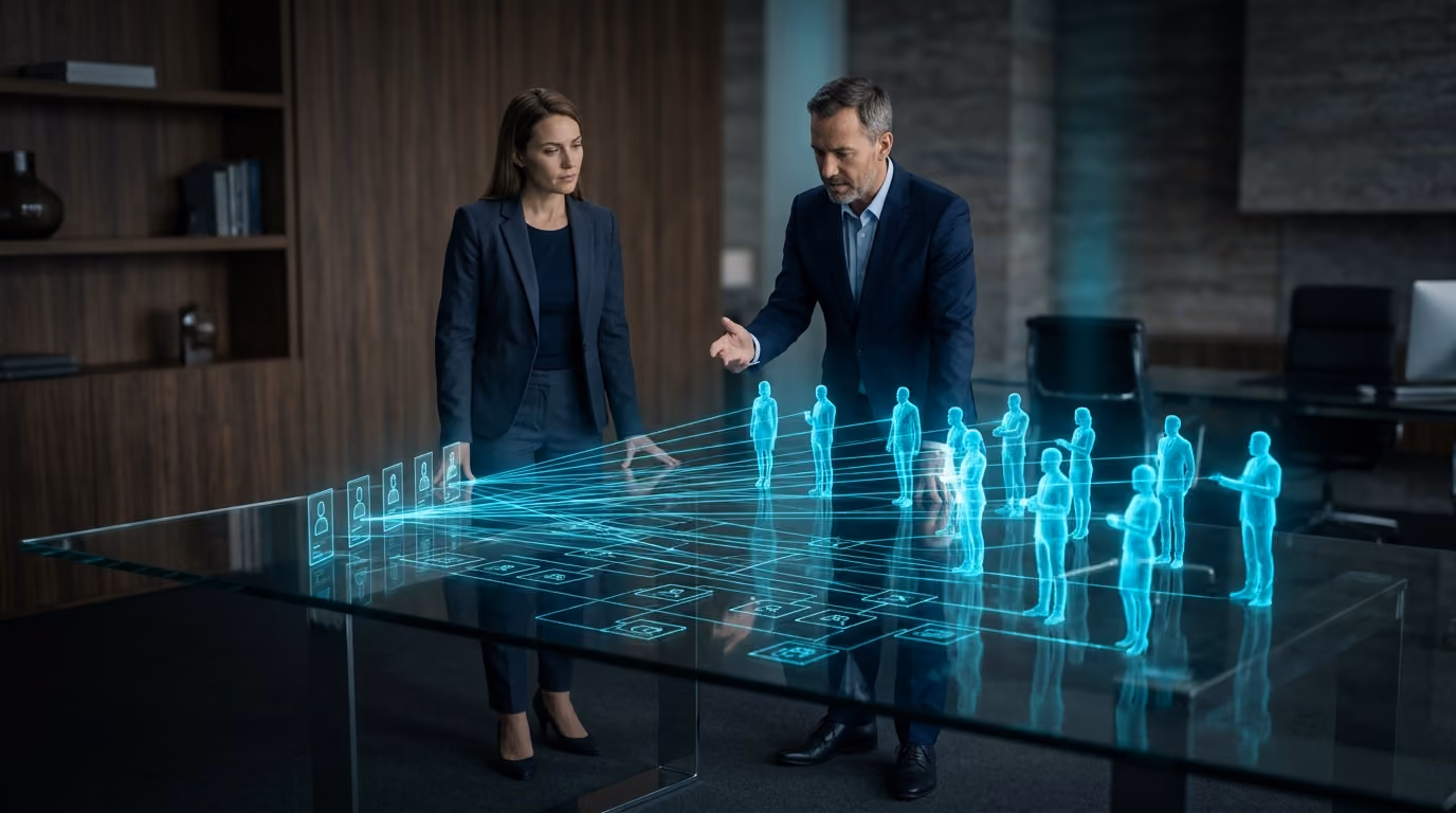 Founder and strategist mapping a company blueprint, human role cards linked by threads of cyan light to Agentic Citizen figures