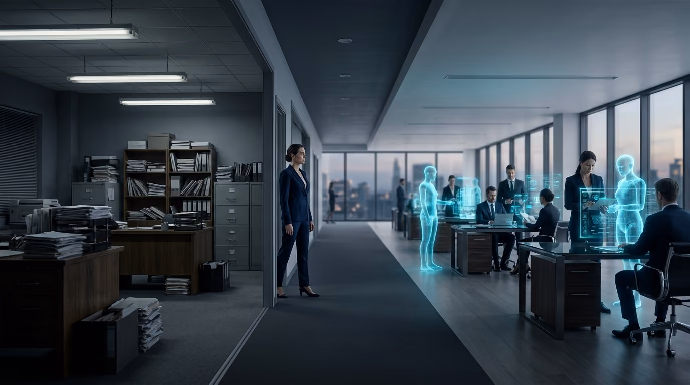 An executive at the threshold between a dim paper-filled office and a bright space where people work alongside cyan Agentic citizens