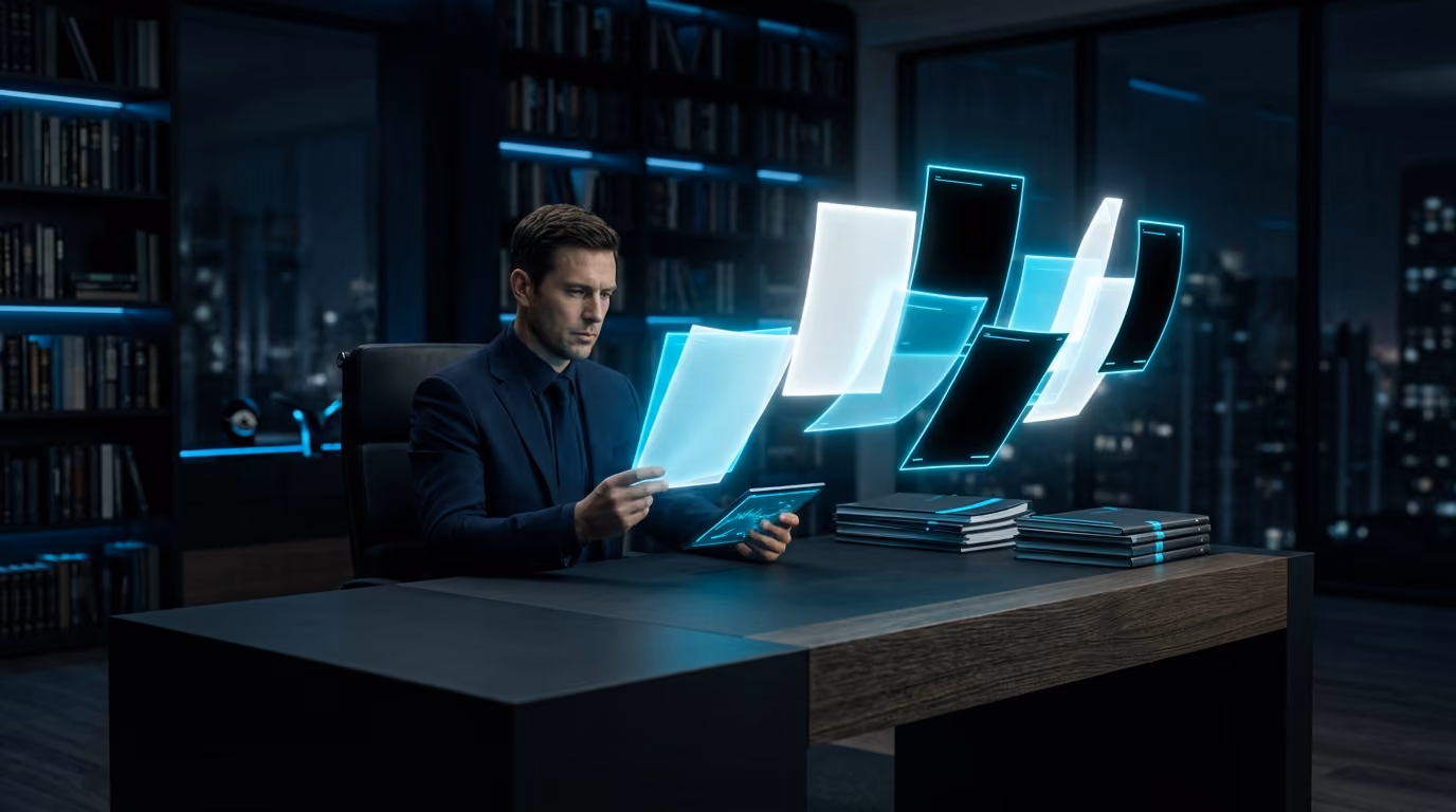 A strategist examining a research paper whose pages float as translucent sheets of white, black and cyan light