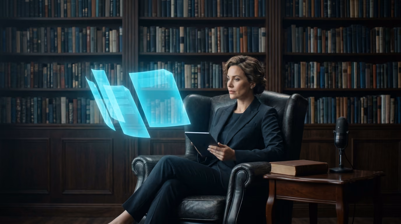 A strategist in a library lounge reading a holographic research paper whose pages float as translucent sheets of cyan light