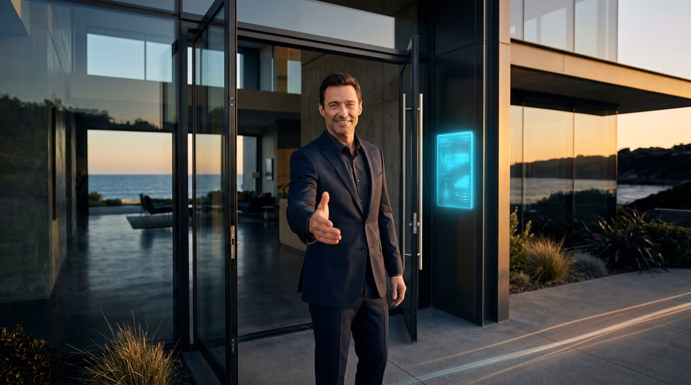 A founder welcoming visitors at the glass entrance of a modern coastal headquarters at golden hour, beside a glowing cyan holographic reception panel