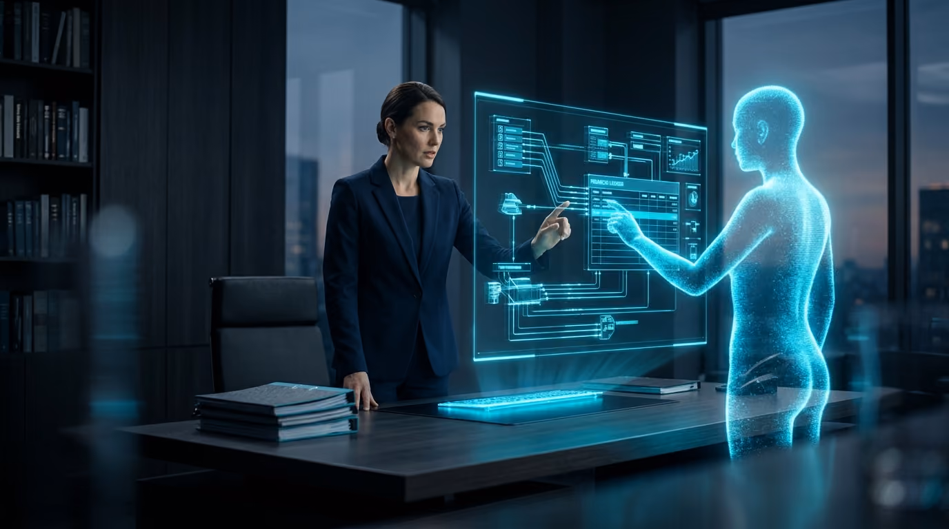 An accountant reviewing a holographic ledger of glowing financial flows beside a cyan Agentic Citizen