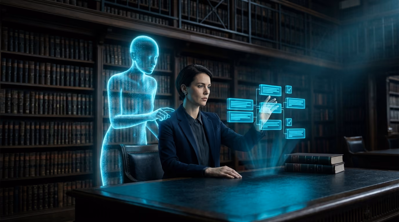 A lawyer in a law library reviewing a holographic contract with a cyan Agentic Citizen at their shoulder