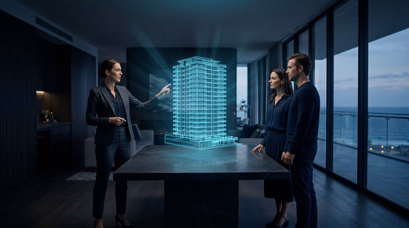 A real estate agent showing clients a holographic wireframe of a coastal apartment tower in a display suite