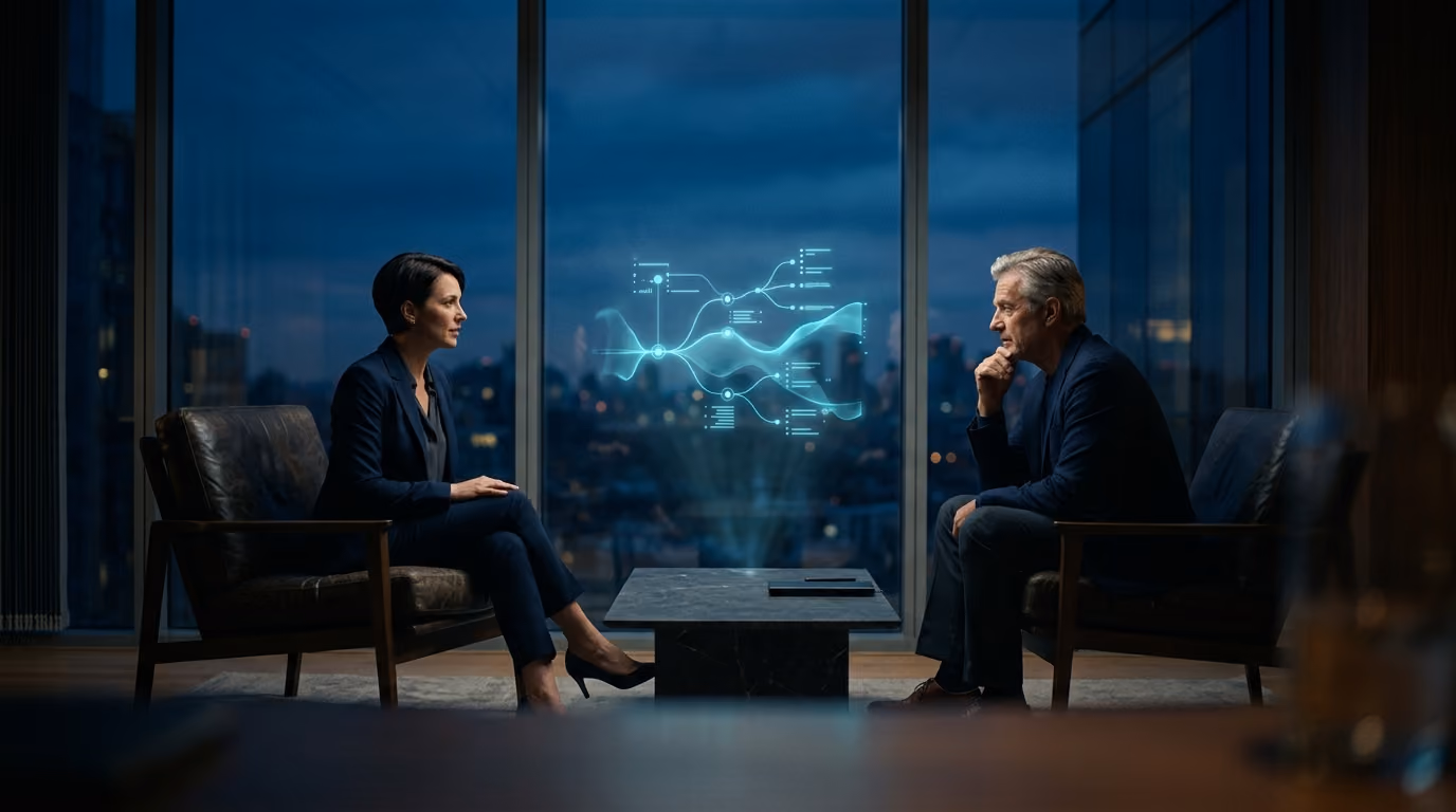 An executive coach in a one on one session by a tall window, a soft holographic map of goals between them