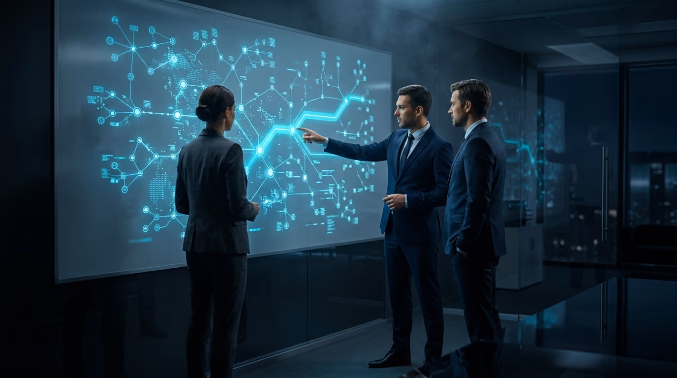 A consulting team at a holographic strategy map of connected glowing nodes