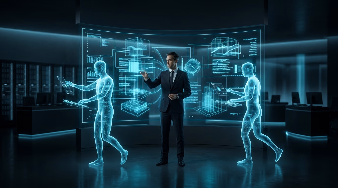 A fund manager before a curved wall of holographic portfolio flows, cyan Agentic Citizens running operations