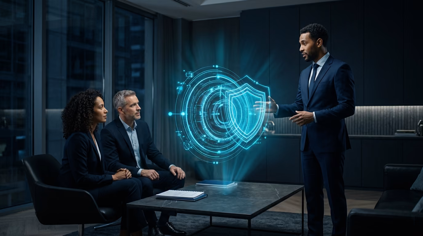 A wealth adviser with a client couple, a holographic portfolio of layered rings glowing between them