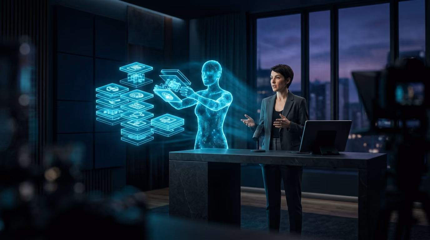 An educator recording a course beside glowing holographic lesson modules and a cyan Agentic Citizen