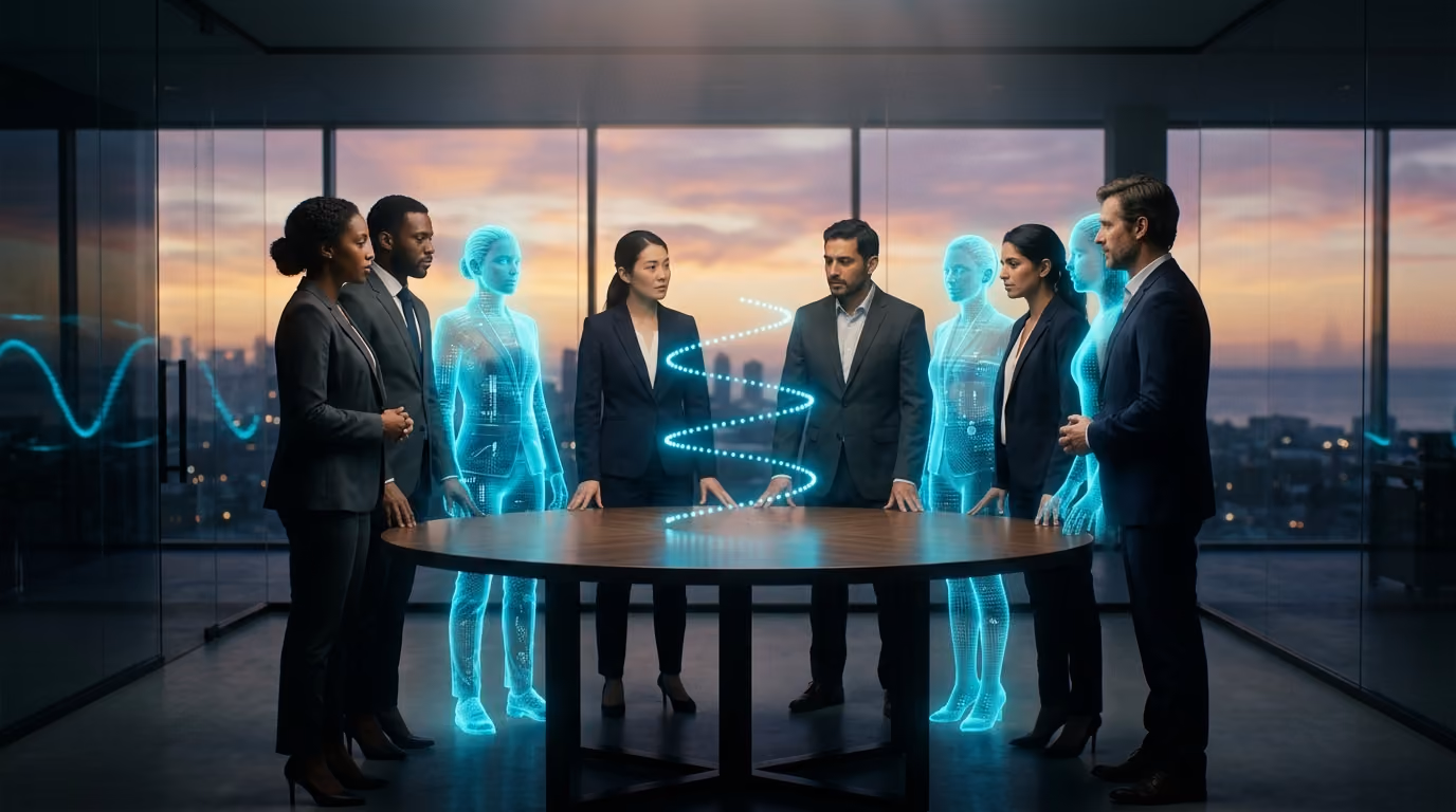Professionals and cyan Agentic Citizens standing as equals around a table beneath a rising spiral of light at dawn