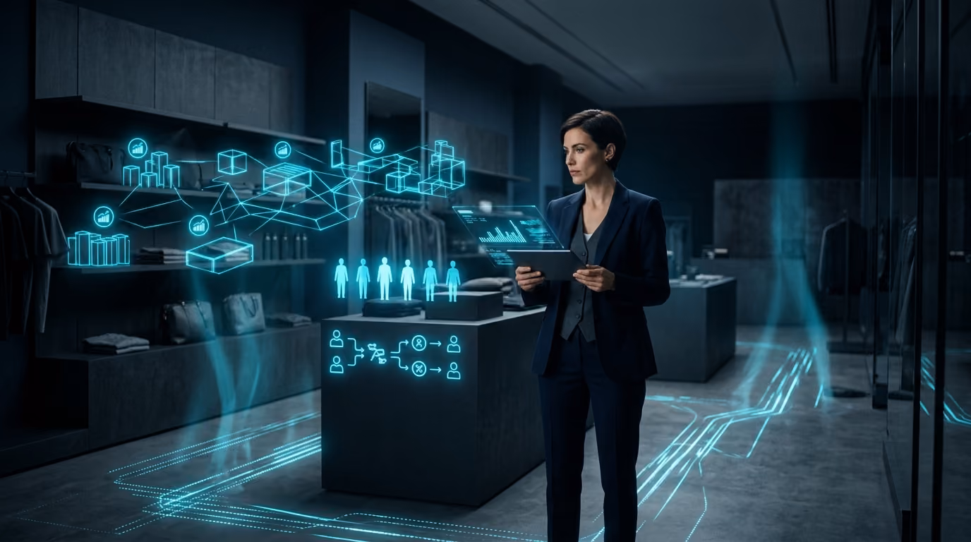 A store manager in a premium retail store after hours with a holographic overlay of traffic and stock
