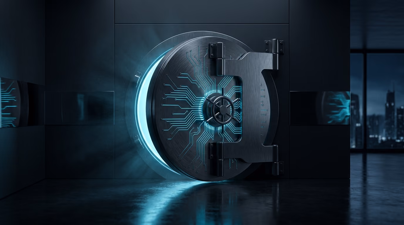 A circular steel vault door etched with glowing cyan circuit pathways, slightly ajar