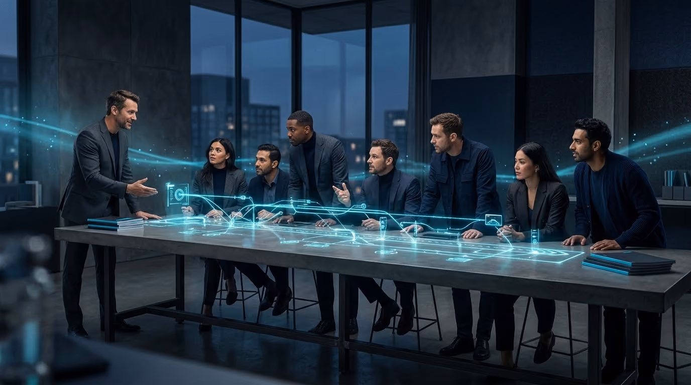 A mentor presenting a glowing holographic launch timeline to a cohort of founders along a long table