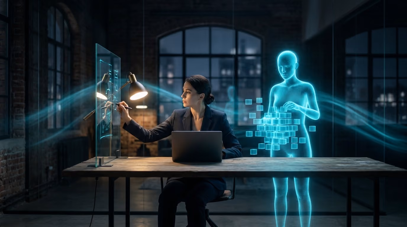 A lone founder sketching on a glass board at night beside a cyan Agentic Citizen assembling the first building blocks of a company