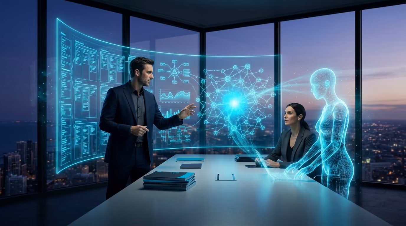 A founder and an executive working beside a cyan Agentic Citizen at a shared workspace wall of channels, boards and a glowing memory core