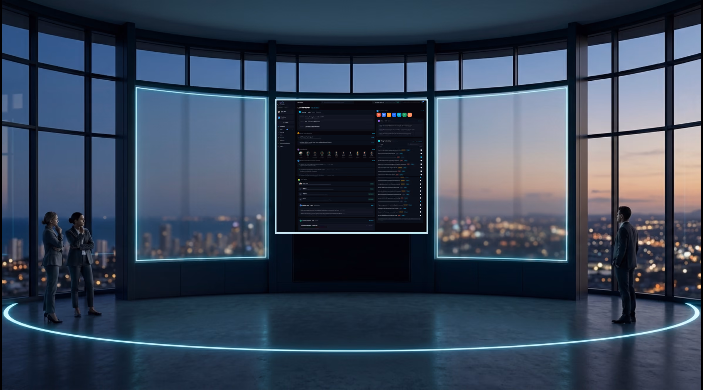 A curved glass operations room with the Meta Space workspace on the central screen, flanked by panels for institutional memory and integrations