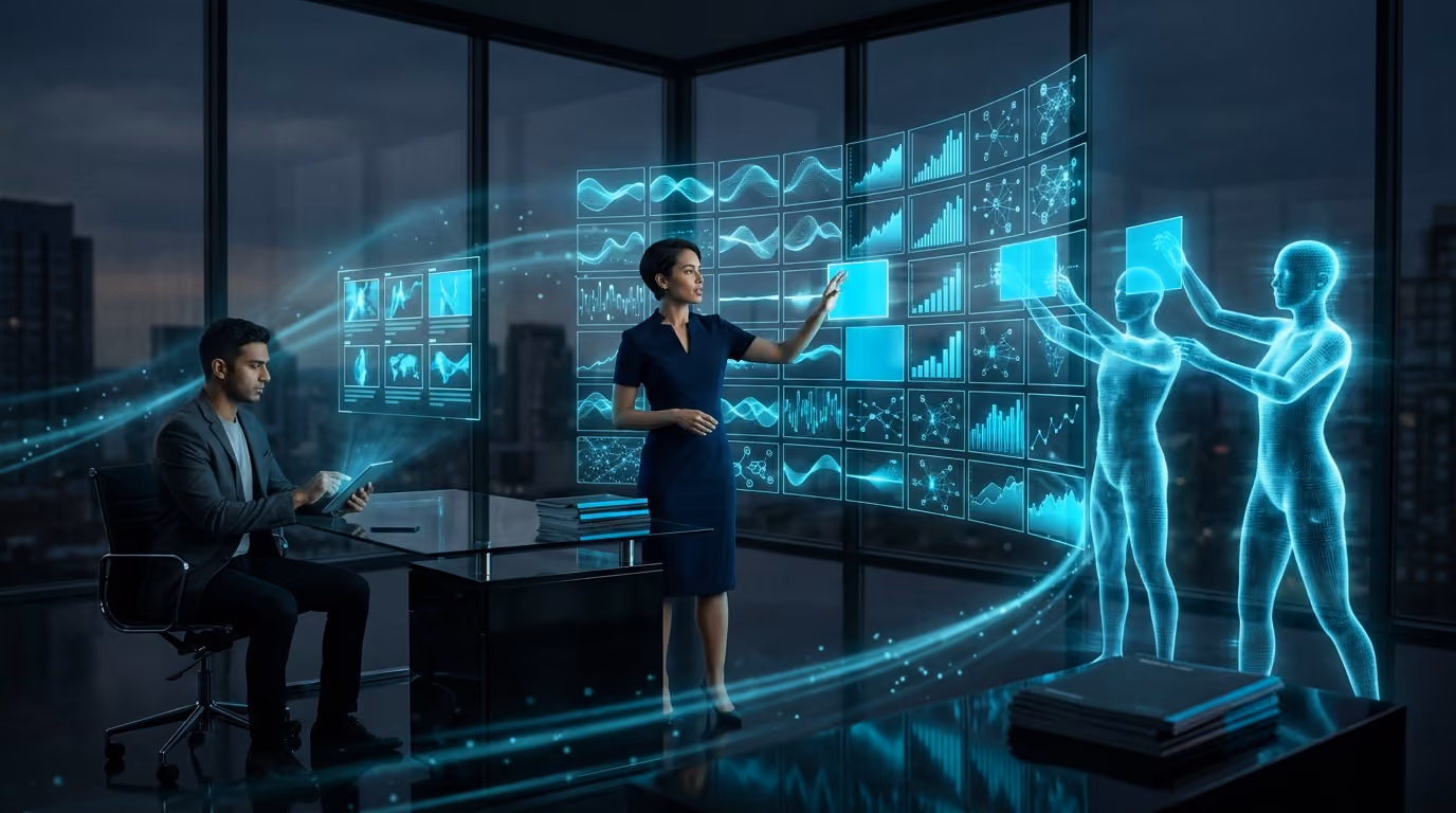 A creative strategist before a holographic wall of ad variation tiles as cyan Agentic Citizens arrange new concepts