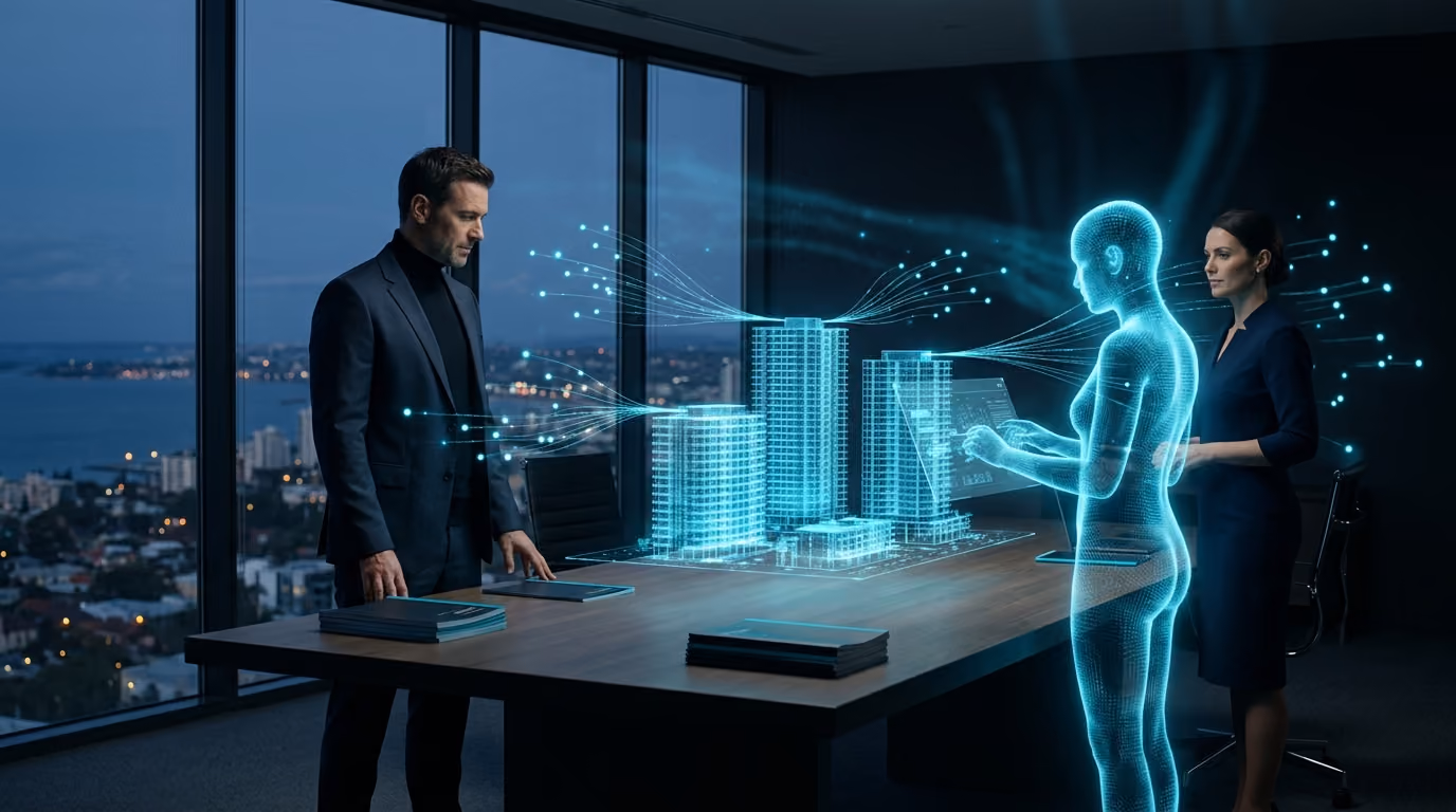 A property syndicate manager above a coastal city at dusk with a holographic model of buildings linked by streams of light to investors