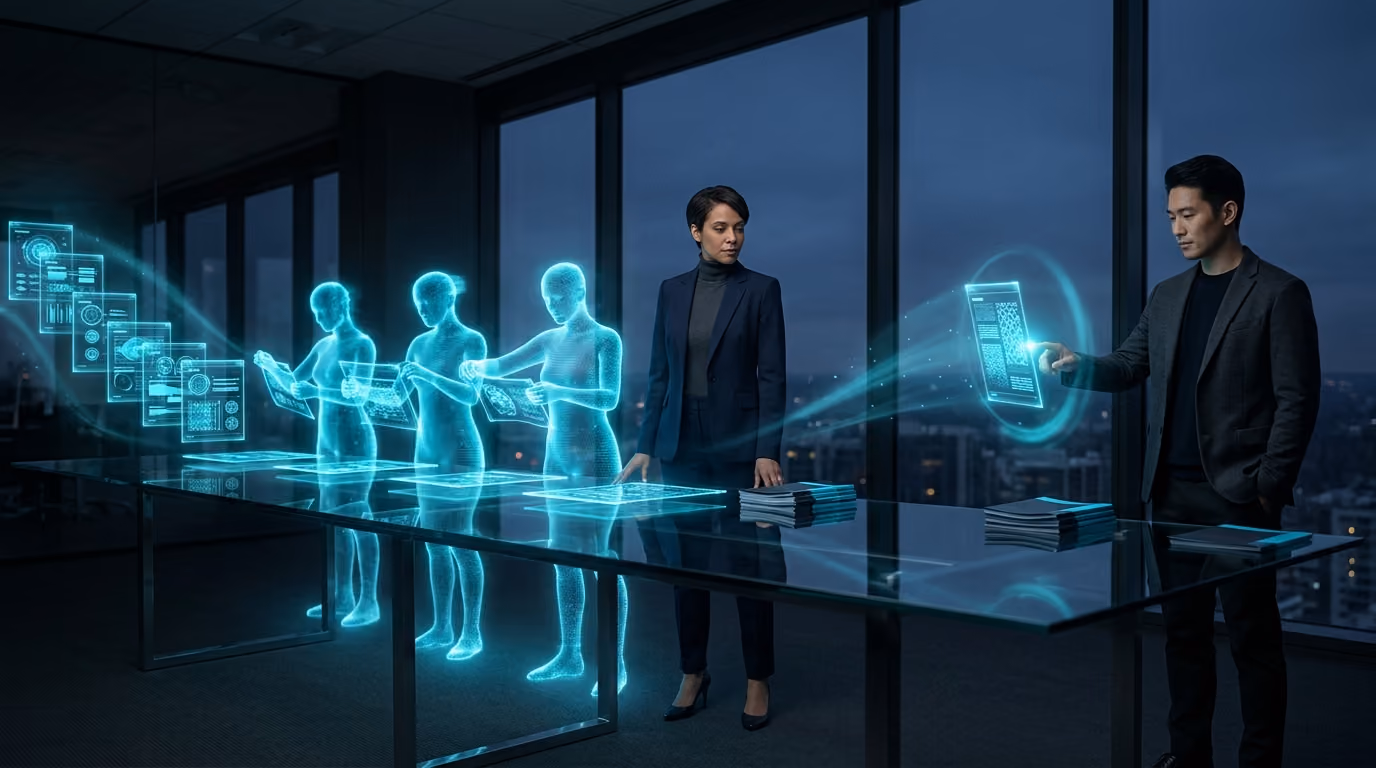 A holographic production line of client briefs shaped by cyan Agentic Citizens and approved by a reviewer in a dark studio office