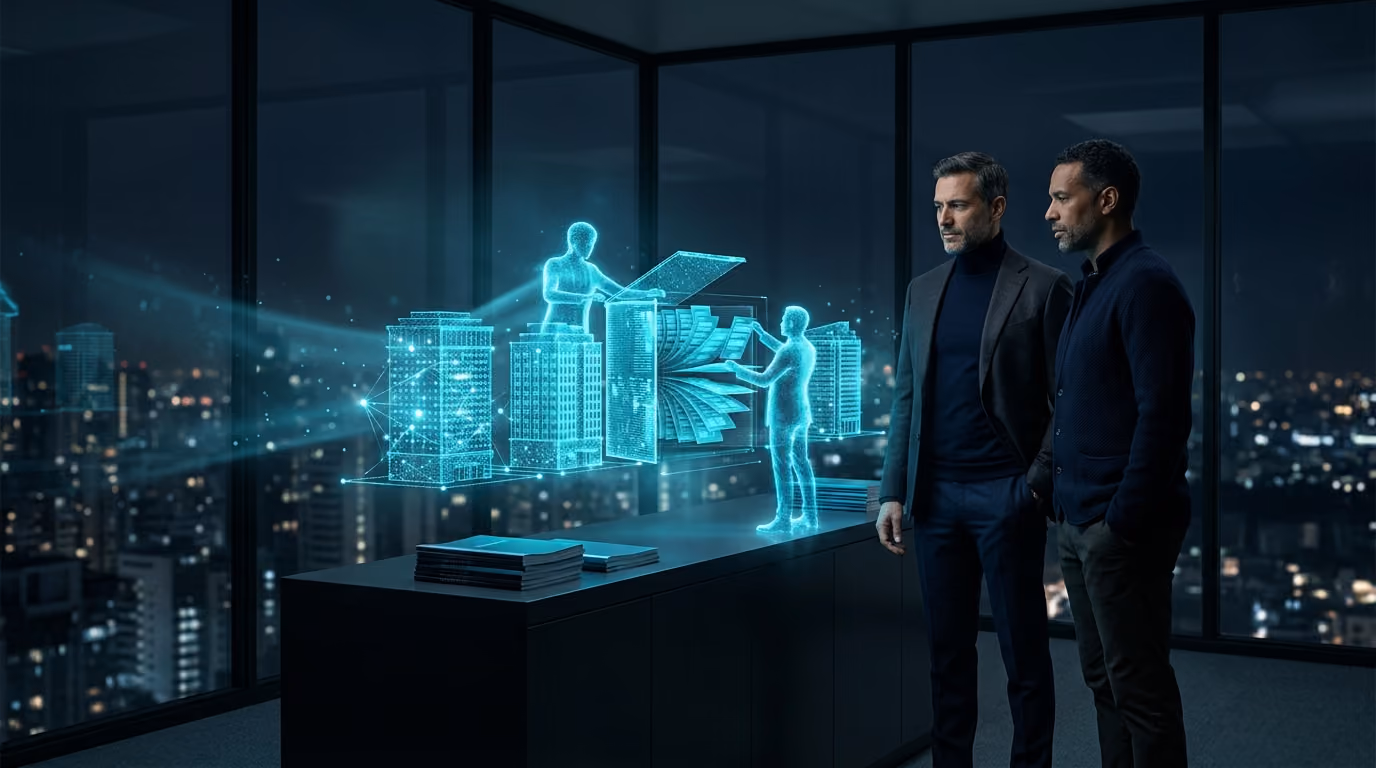 Two private equity partners in a deal room at night before a holographic portfolio of company models, with cyan Agentic Citizens sorting documents