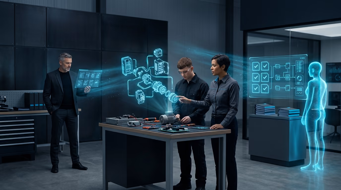 A trainer guiding an apprentice at a trade workshop bench while a quality manager reviews evidence beside a cyan Agentic Citizen