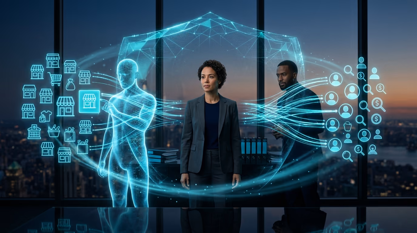 A doctor on a telehealth call focused on the patient while a cyan Agentic Citizen organises appointment and paperwork tiles behind them
