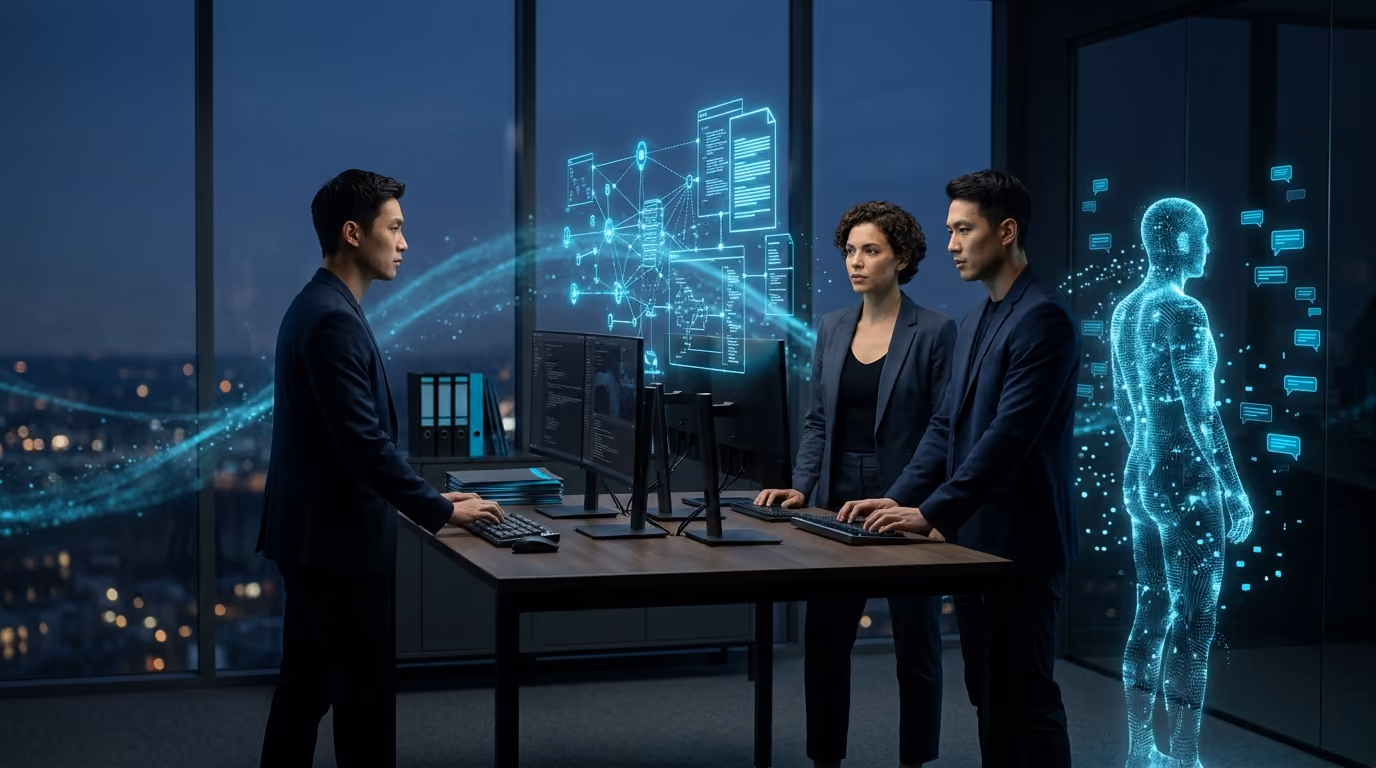 A marketplace operations lead between holographic clusters of sellers and buyers connected by streams of light under a protective shield