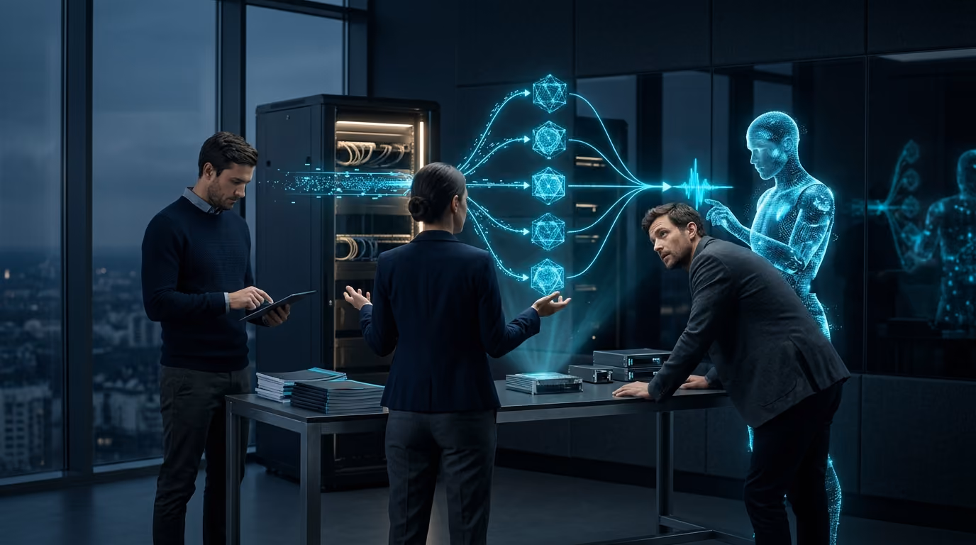 AI engineers in a dark lab beneath a holographic routing diagram branching across several model cores, monitored by a cyan Agentic Citizen