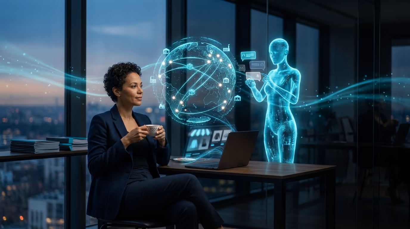 An online store owner at a home office at night as a holographic globe shows parcels in transit and a cyan Agentic Citizen answers customer messages