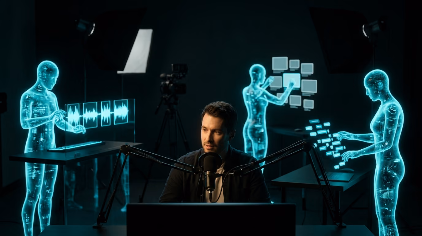 A podcaster records under a single light while Agentic Citizens clip, schedule and reply around the studio.