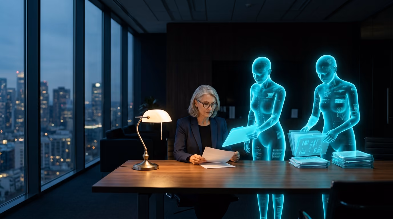 A senior partner reviews a document while luminous Agentic Citizens assemble client files beside her.