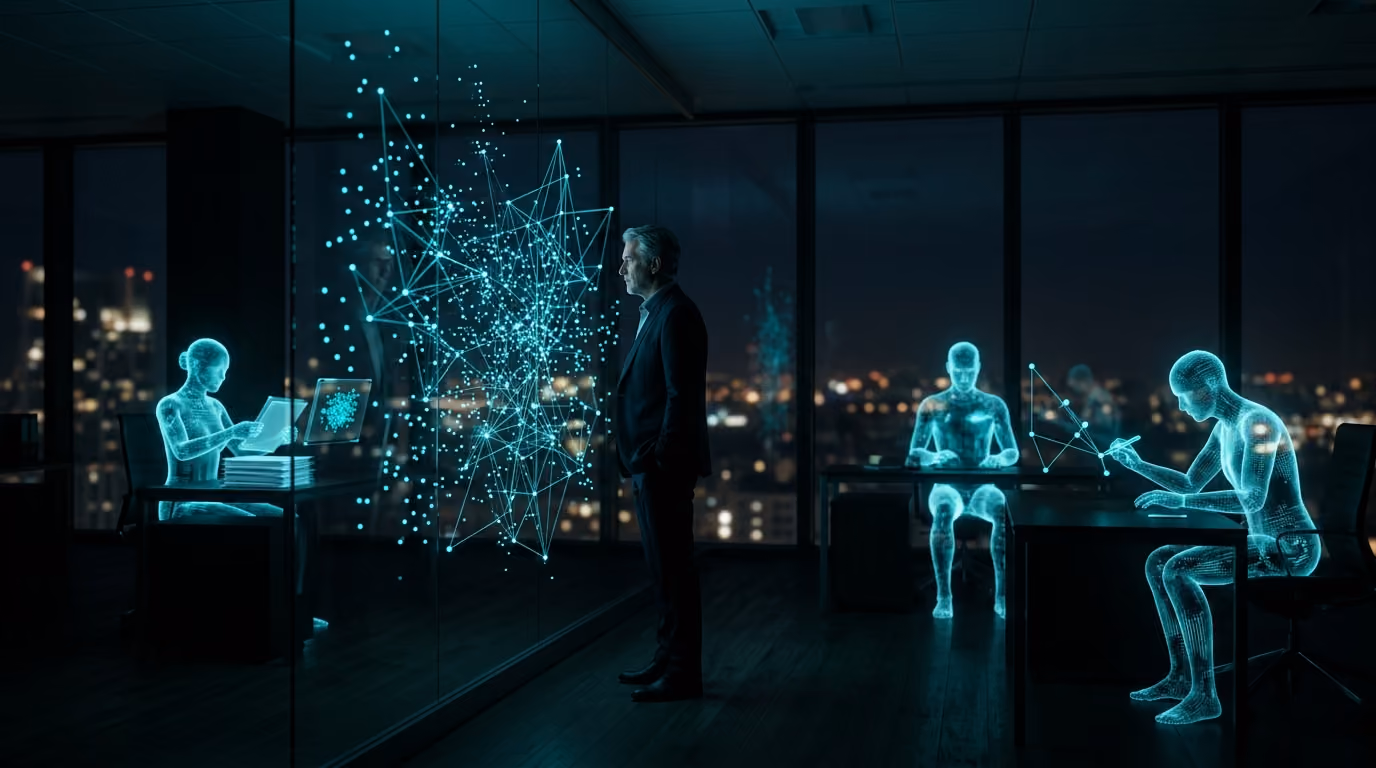 A fund manager studies a constellation of glowing data points while Agentic Citizens prepare a portfolio report.