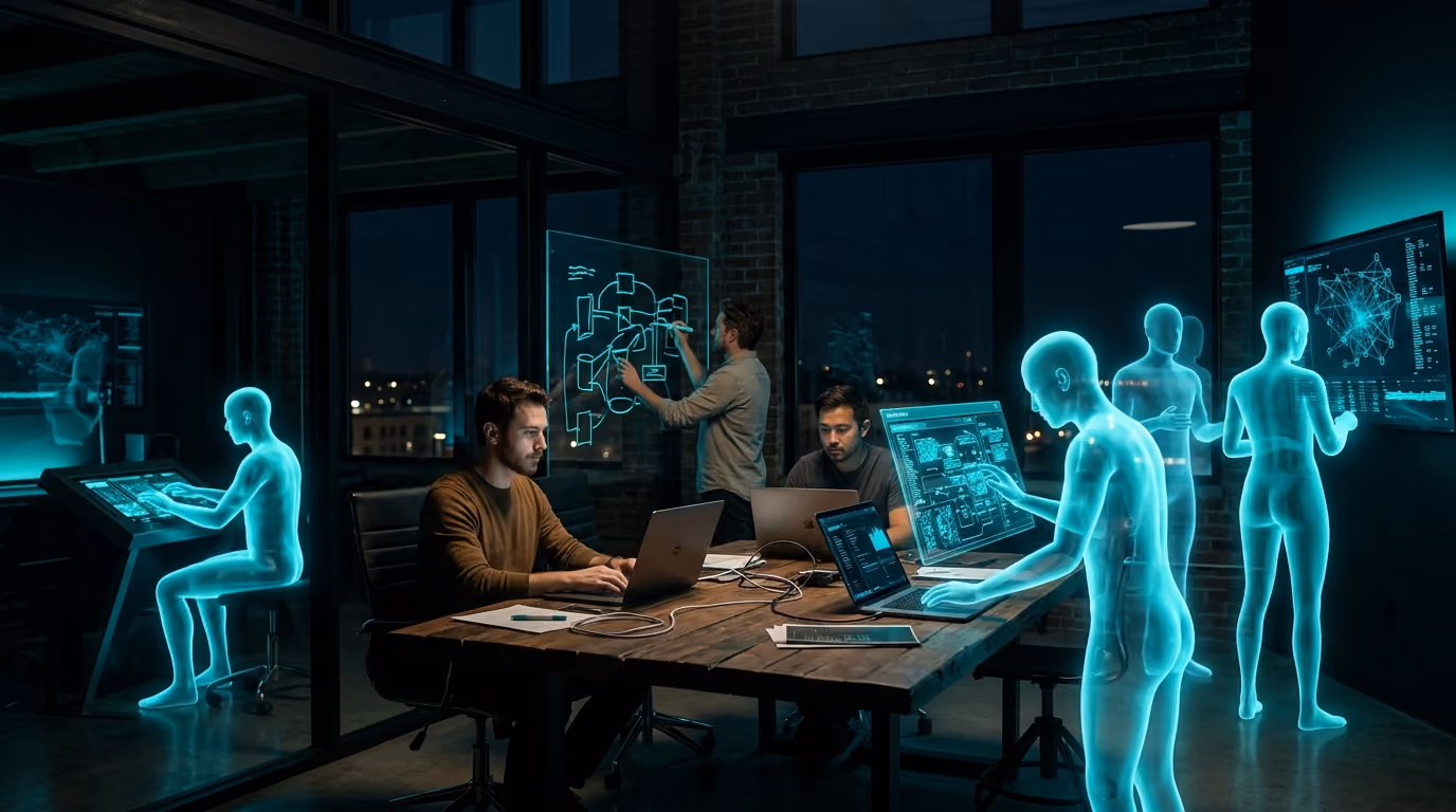 A small founding team works late in a loft alongside Agentic Citizens building, reviewing and talking with customers.