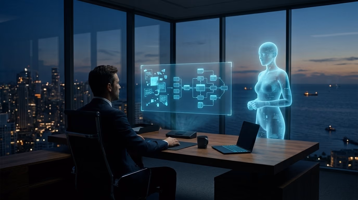 A founder working late at night beside an Agentic Citizen made of cyan light, turning scattered ideas into an ordered system, with a coastal city skyline at dusk behind them.