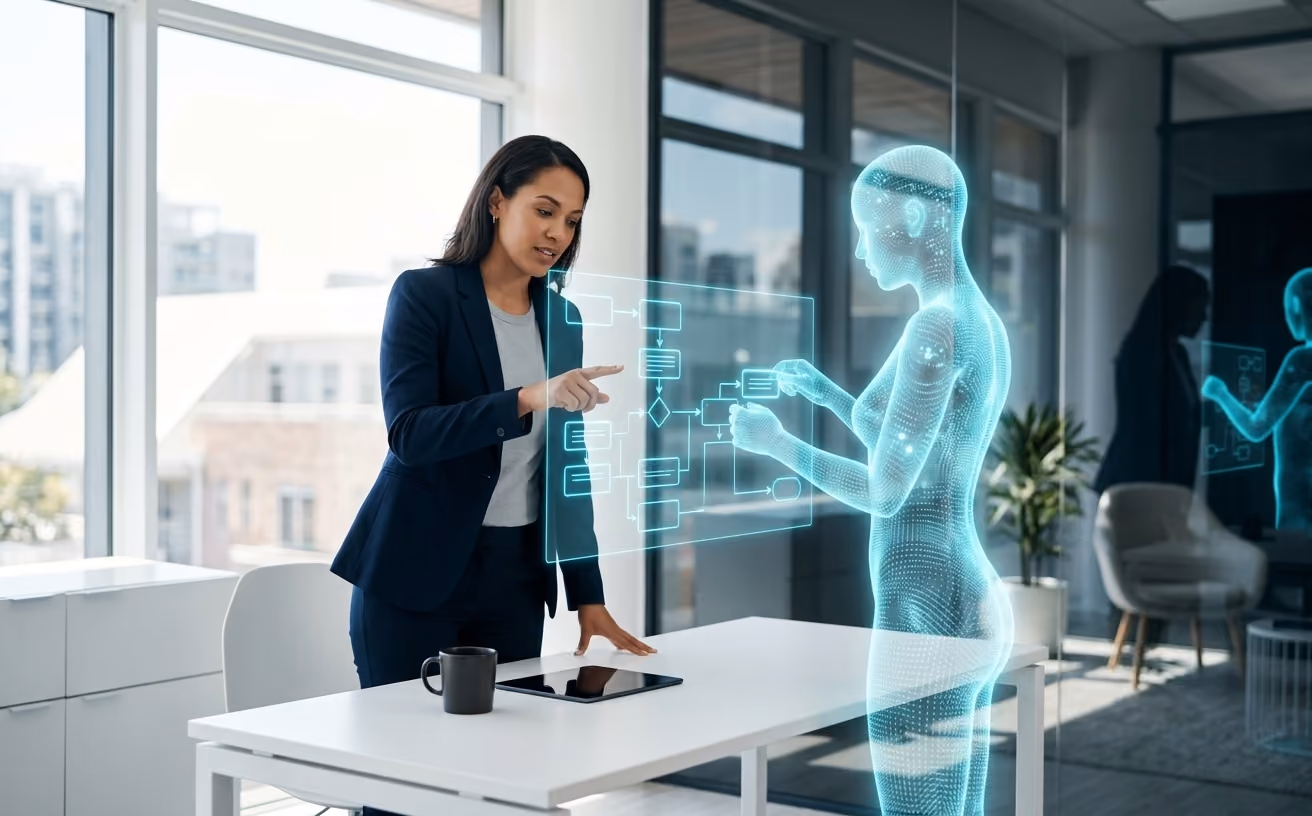 A professional reviews a shared holographic workspace alongside an Agentic Citizen made of cyan light.