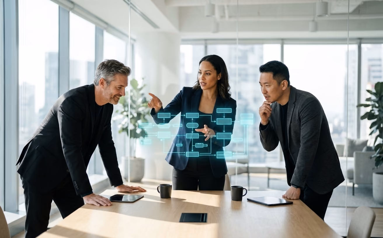 A founder and senior leaders aligned around a boardroom table as a cyan holographic strategy map floats above it.